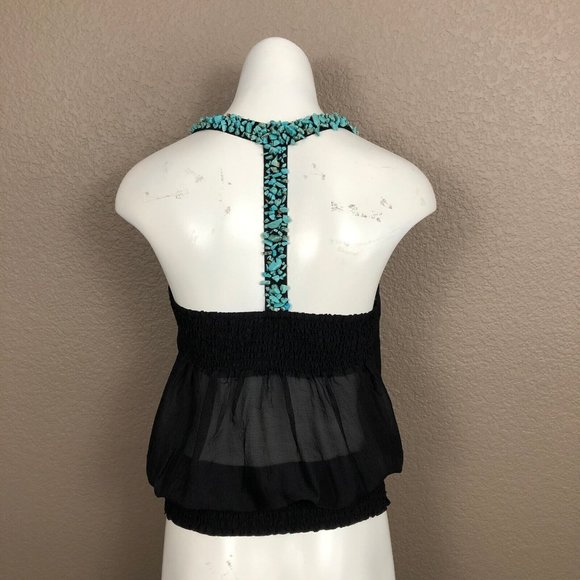 Bebe Black Silk Hand Sewn Turquoise  Nugget Elastic Hem Top Sz S Pre-Own… - Picture 5 of 7